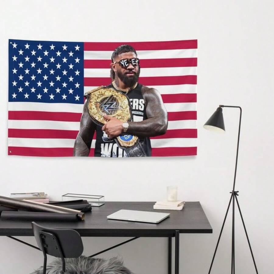 J U Y Wrestling Banner, American Flag Background with Champion Belt Design, 3x5 Ft Indoor & Outdoor Wall Decor Flag for Wrestling Fans