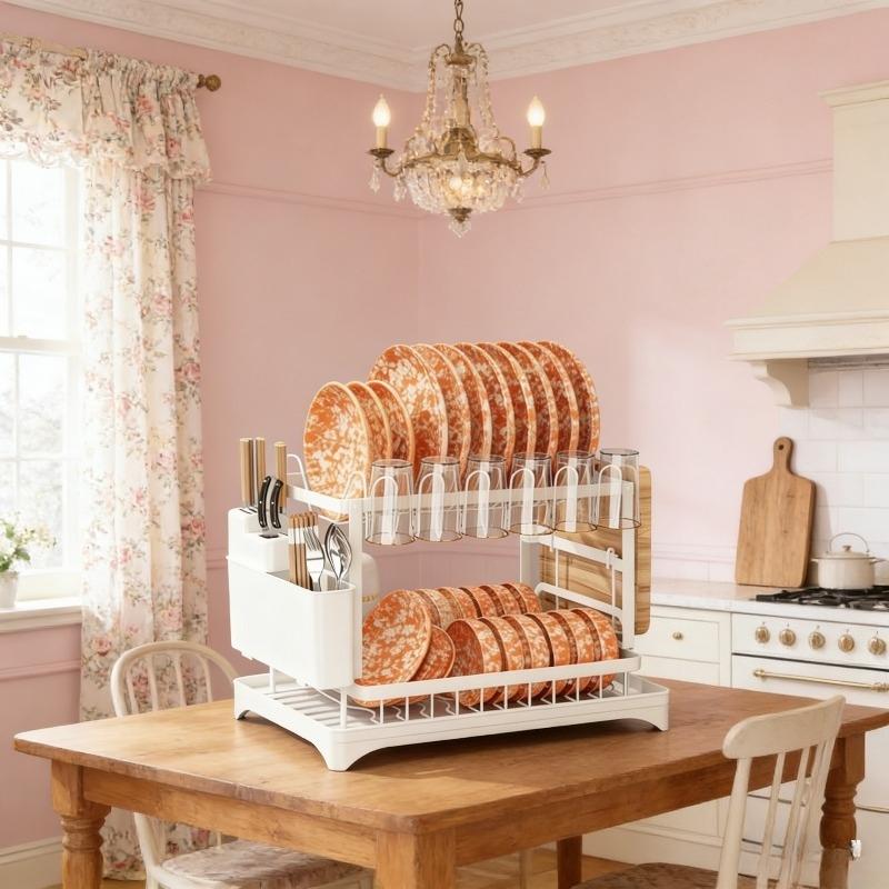 Double drain rack, kitchen countertop dish rack, kitchen accessories with drain tray and cutlery rack