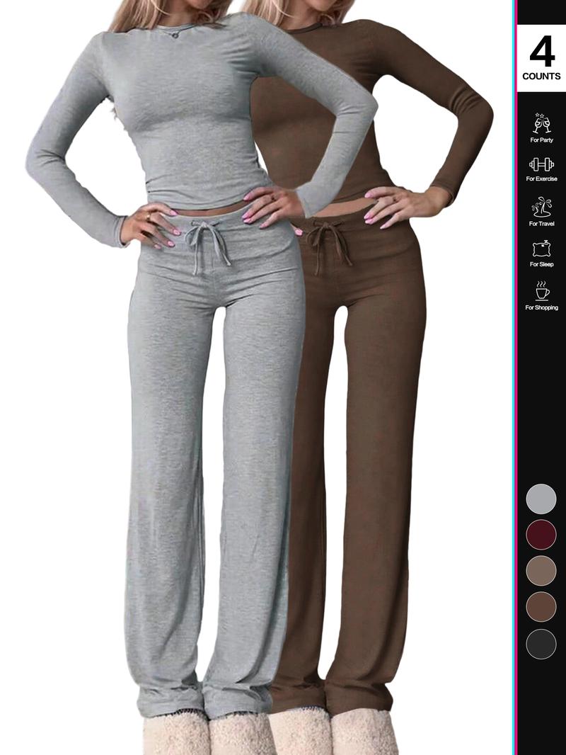 2026 Two Pieces Fall Women Clothes Y2K Sporty Casual Home Solid Color Fitted Long-Sleeved T-Shirt And Long Pants Set