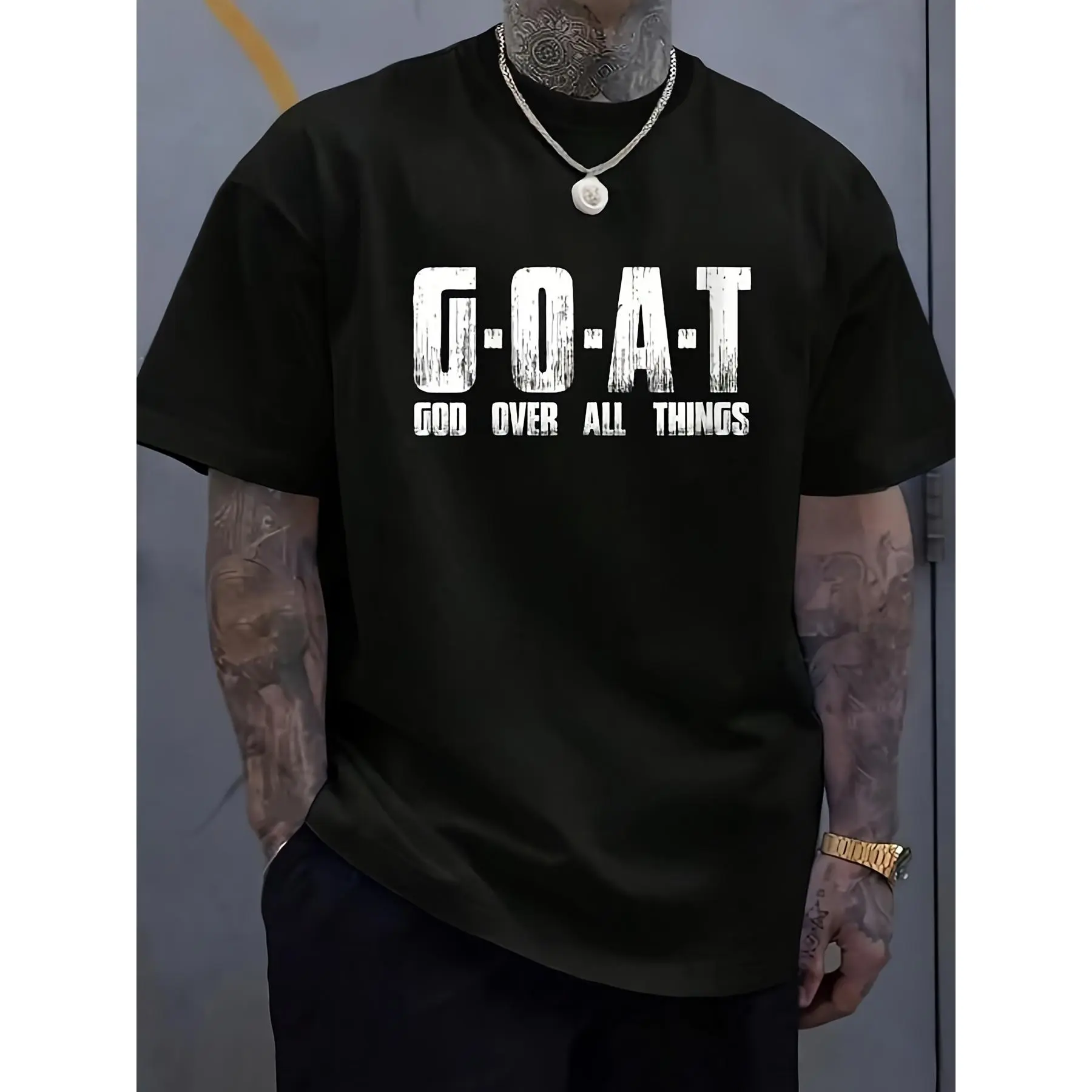 Goat God Over for All Thing Man of God Goat Christian Graphic T‑Shirt, Casual Round Neck Printed Top, For All Seasons, Daily Commutes & Lounging Wear