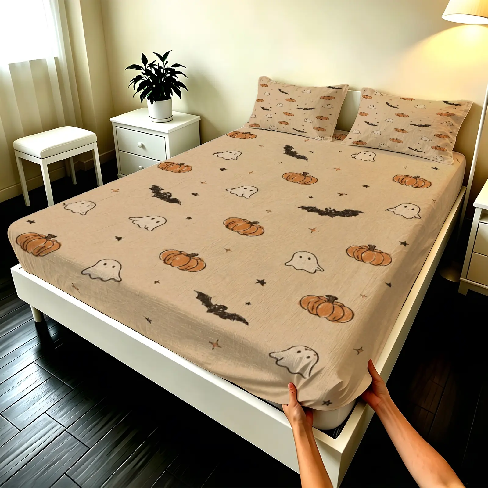 3pcs Fitted sheet Halloween Ghost Pumpkin Bat Print Bedding Set, Bed Sheets Set, Soft Microfiber Fitted Bed Sheet with 2 Pillowcases, Wrinkle Resistant Fade Proof Breathable Cozy Bed Cover for Bedroom Home, Fits Twin Full Queen King California King Sizes