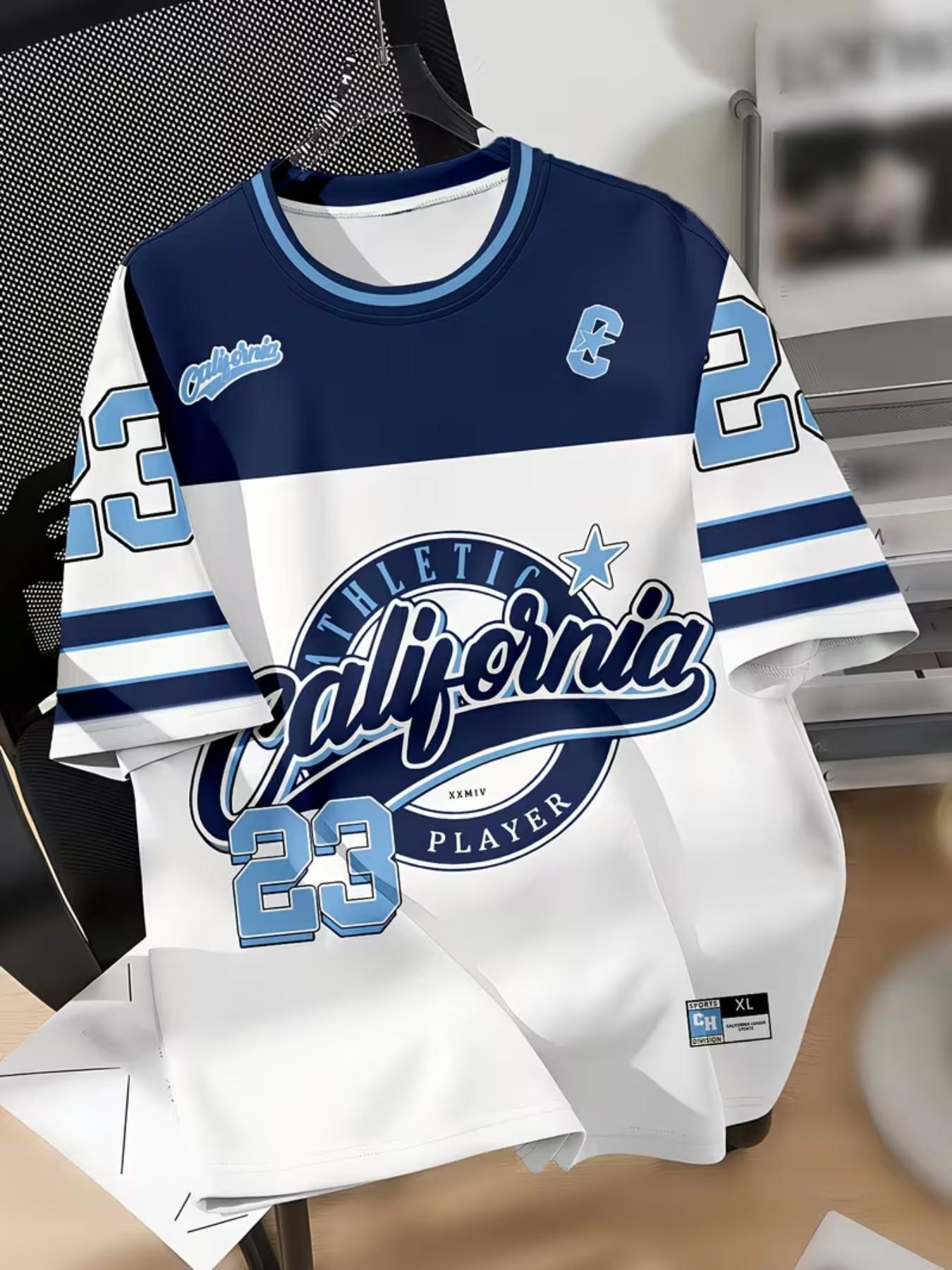 Short Sleeve T-Shirt, Sporty Retro Style, Line Neckline, C Logo, 1987 Sport Division, Blue Stripes, Casual Wear