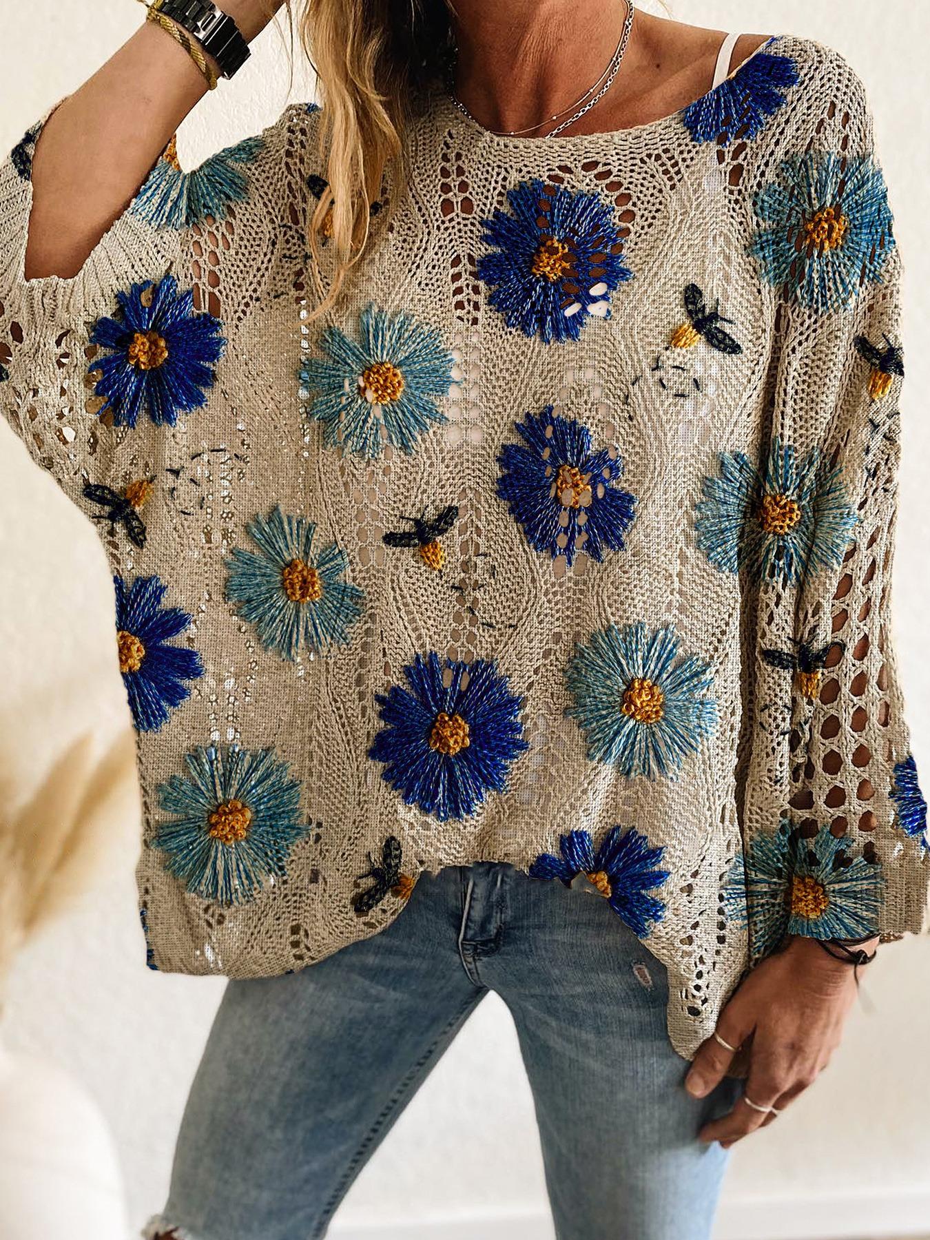 Elegant Women's Floral Print Knit Top, One-Shoulder Batwing Sleeve, Loose Fit, Spring Summer Fall Fashion, Ladies Casual Wear