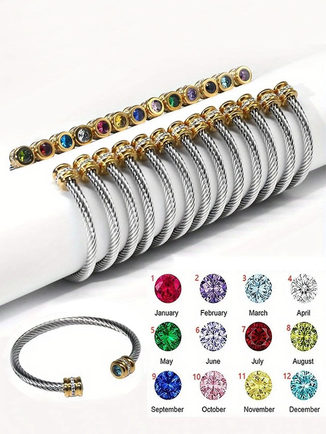 1pcs，Unisex Casual Fashion Stainless Steel Birthstone Cuff Bracelet, Non-Fading, Ideal Birthday Gift, All-Season Wear, Rhinestone Design, Stackable