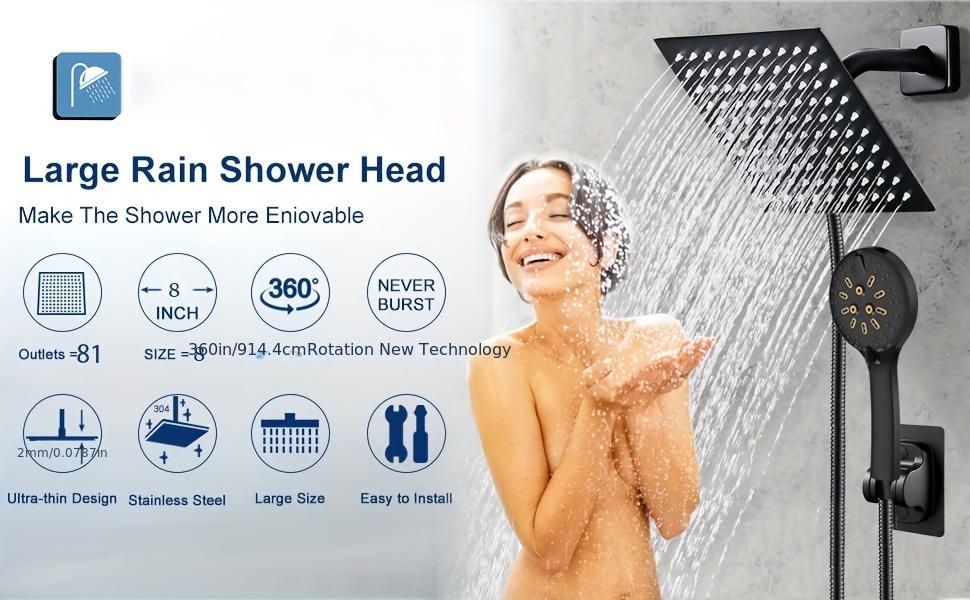 Shower Head,Rainfall Shower Head with Handheld Combo, 6/8 High Pressure Rainfall Shower Head / 6 Settings Handheld Showerhead Combo,Shower Holder/78'' Hose