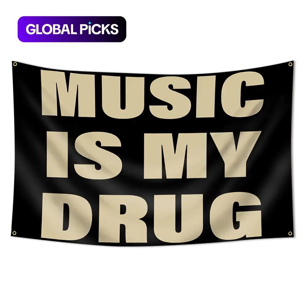 1 Pc "Music Is My Drug" Funny Flag Polyester Tapestry, 2 x 3 ft (60 x 90 cm) / 3 x 5 ft (90 x 150 cm), 4 Grommets, Single-Sided Print, for Indoor/Outdoor, Home & Party Decor