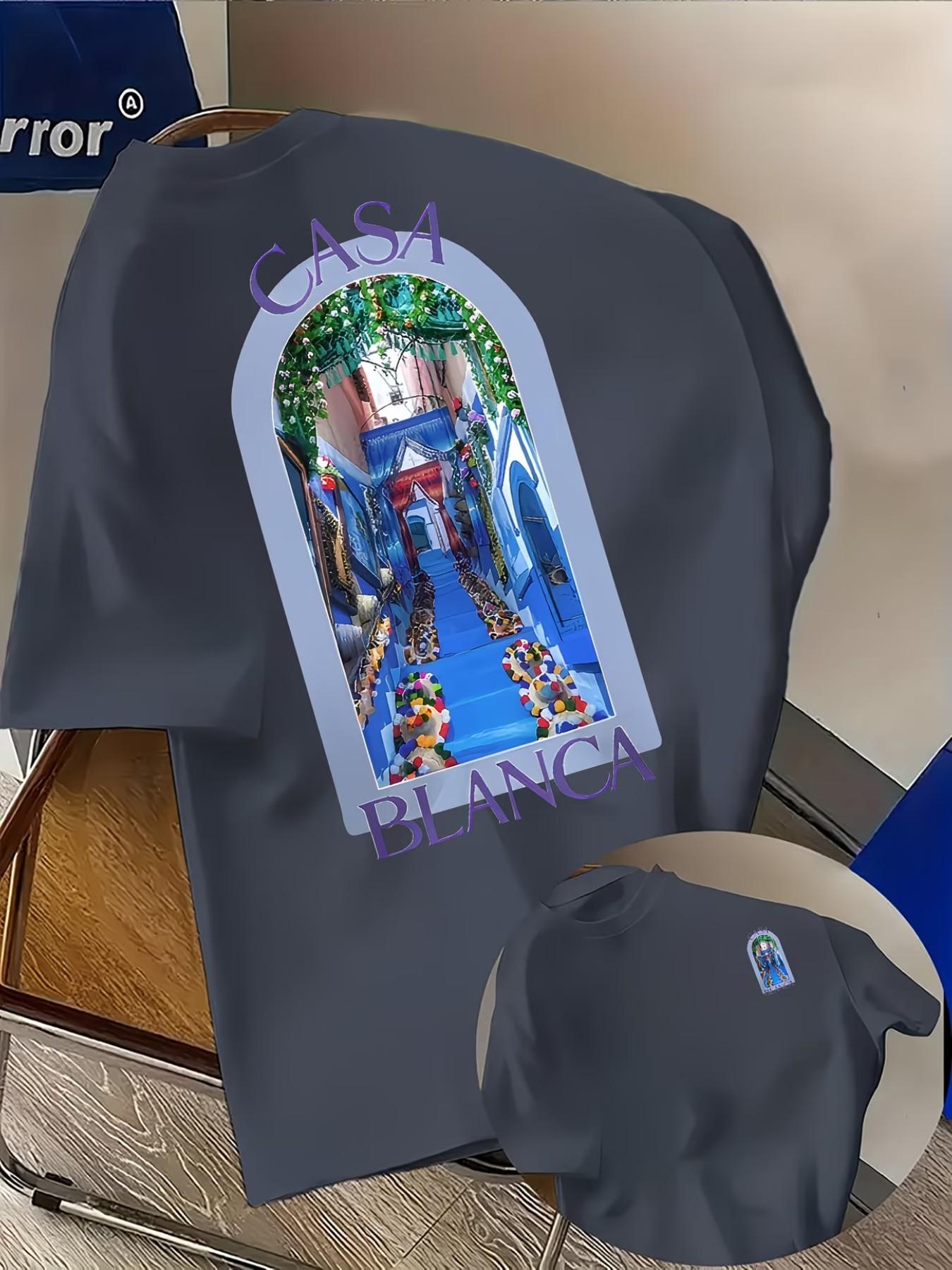 "casablanca" Creative Animal Print Men's Round Neck Short Sleeve, Comfortable Material, Fashion Trendy, Suitable for All Seasons