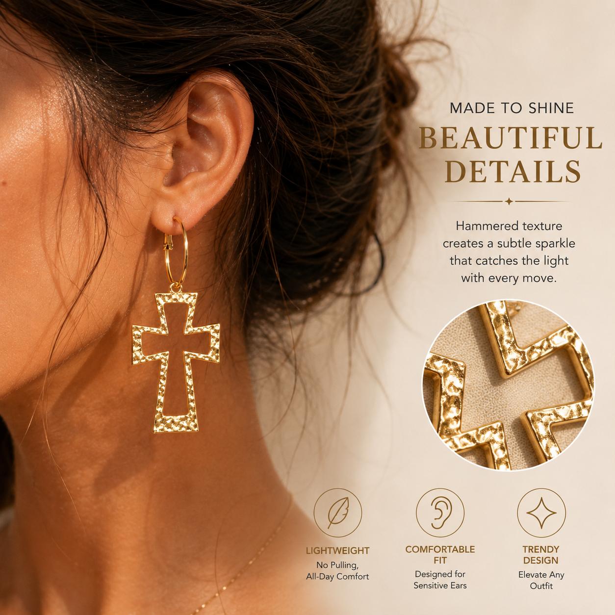 Women's Gold Cross Hoop Earrings - Elegant Minimalist Fashion Jewelry, Unique Hammered Texture Non-Natural Crystal Dangle, Lightweight Gothic Y2K Style, Ideal Gift for Her, Elegant Minimalist Earrings