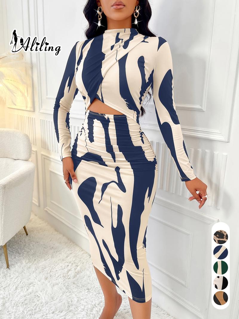 Aliling Women's Colorblock Print Cut Out Bodycon Dress, Elegant Fashion Casual Long Sleeve Dress for Daily Outdoor Wear, Women Dress for Spring Fall