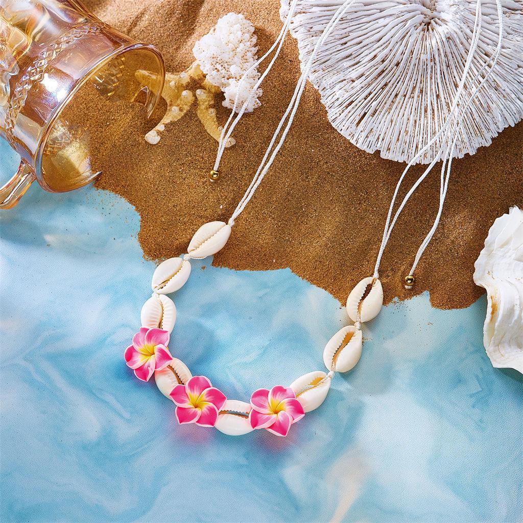 Boho Beach Necklace for Women Handmade Shell and Hibiscus Flower Pendant Summer Vacation Jewelry Tropical Resort Accessory Lightweight Bohemian Style Necklace