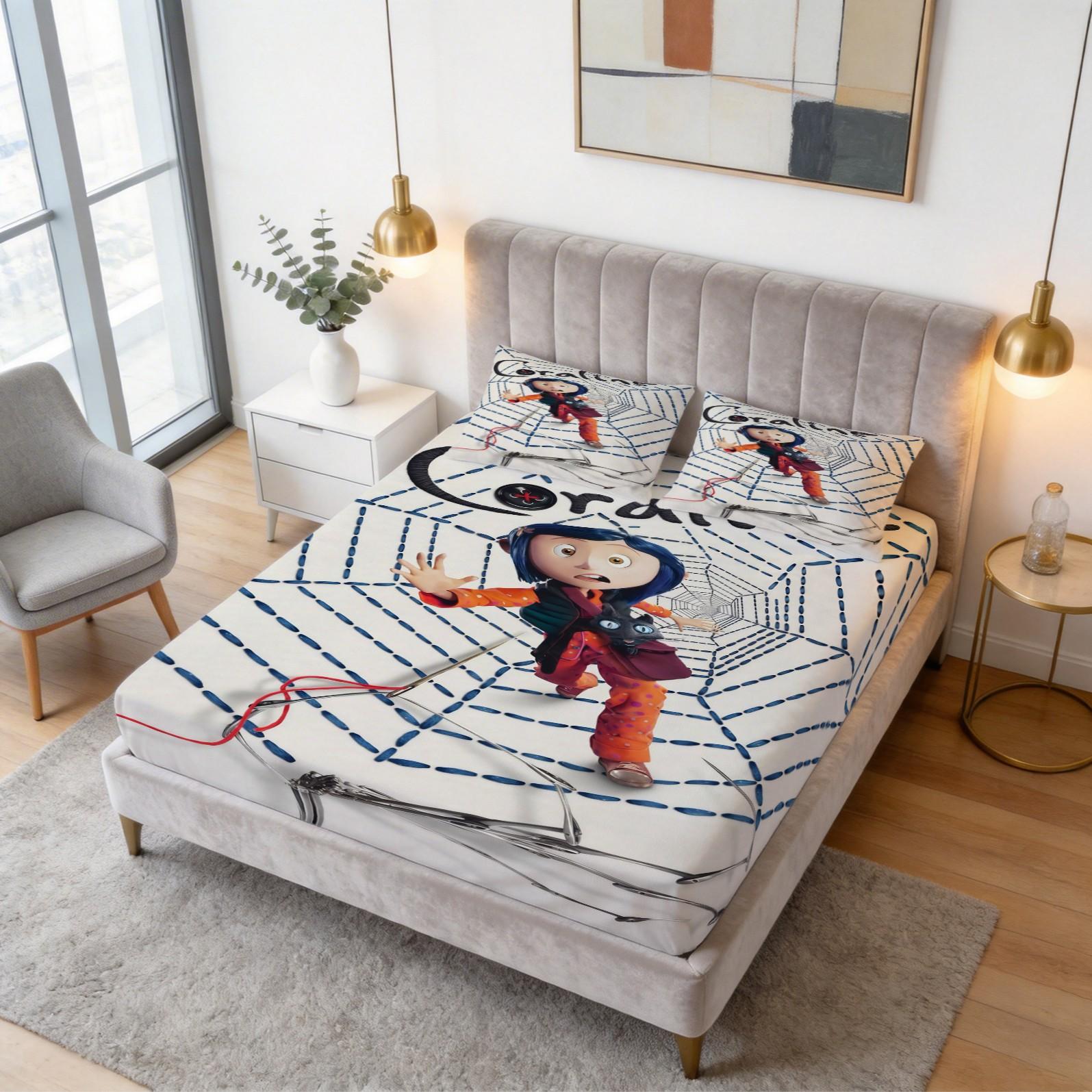 Coraline Printed Pattern Bed Sheet Set, Halloween Themed Decoration, 1 Bed Sheet With 2 Pillowcases (Excluding Pillow Core), Suitable For Teenage And Adult Bedrooms, Suitable As Decoration And Gift
