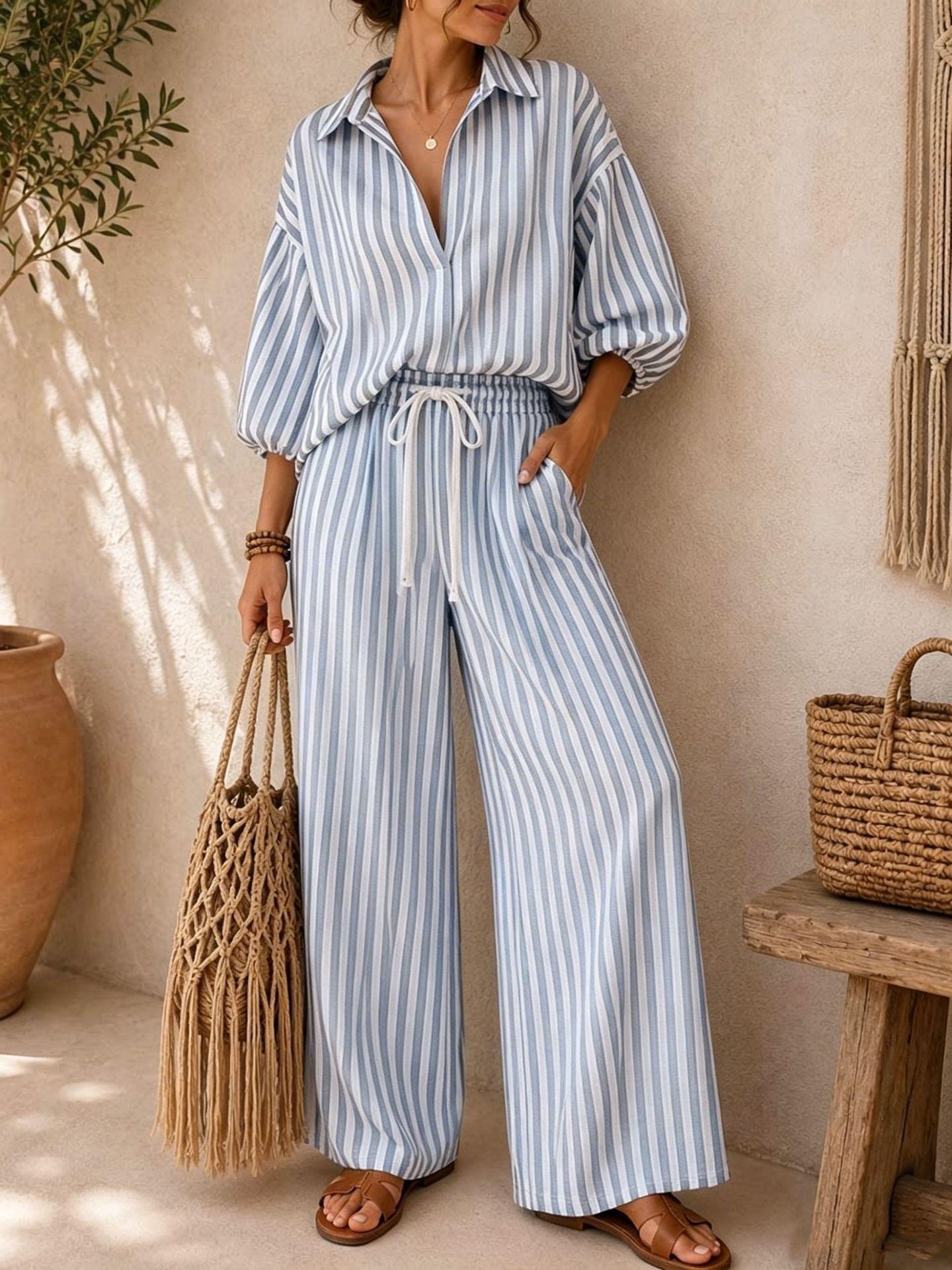 Women's Striped Pattern 2-Piece Set, Collared Neck Long-Sleeve Shirt + Loose-Fit Pants