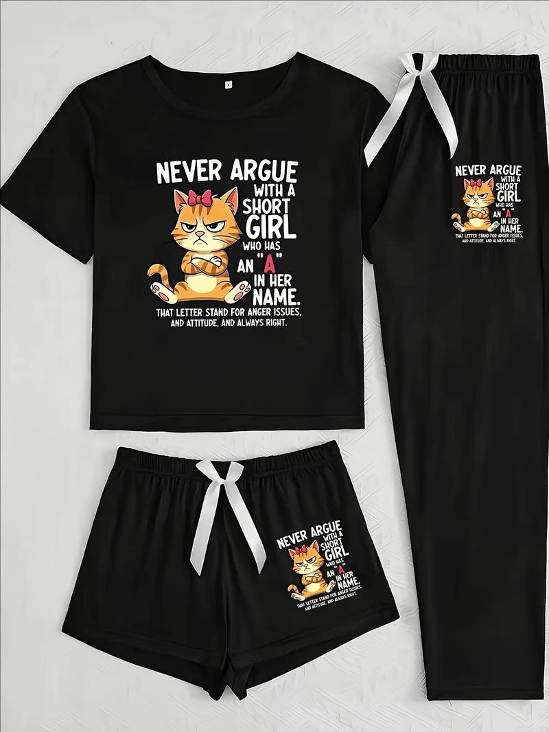 Women's Cartoon Cat Letter Print Sleepwear Set, Casual Fitted Three-Piece Pajamas, All Seasons Comfortable Nightwear, Sleep Sets