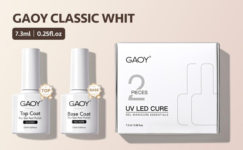 GAOY Gel Top Coat and Base Coat Set, 2 Pcs 7.3ml Glassy Top Coat and No Wipe Foundation Combination for UV Light Cure Gel Nail Polish Manicure
