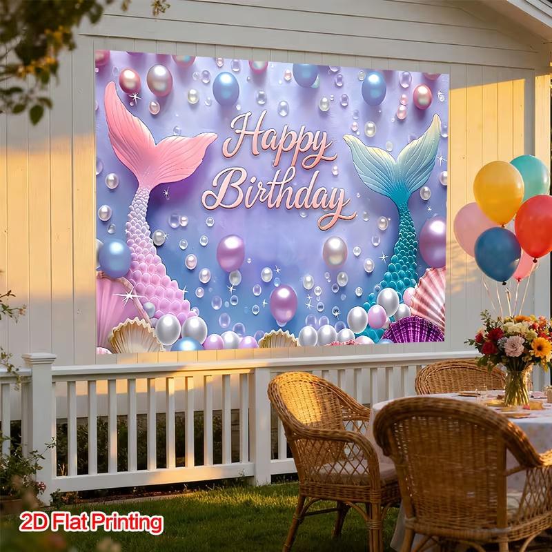 Mermaid Theme Birthday Banner, 2D Polyester Backdrop, Happy Birthday Underwater Fairy Tale Party Banner, Girl Child Photo Decoration