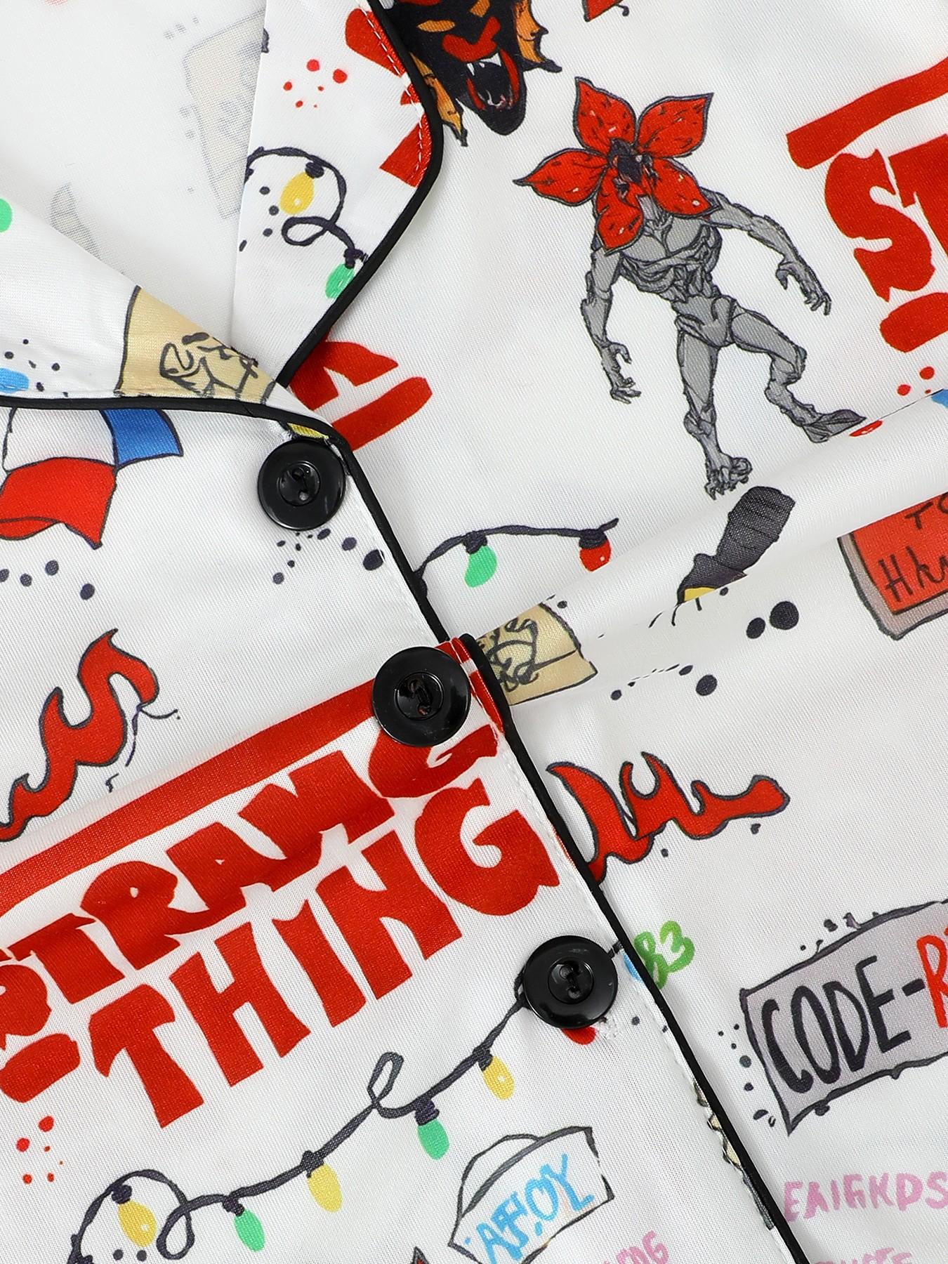 Kids Pajama Set, Cartoon Monster Pattern, Fashion Open-Cardigan Short Sleeve, Flame-Retardant Knit, All Seasons, Party Gift