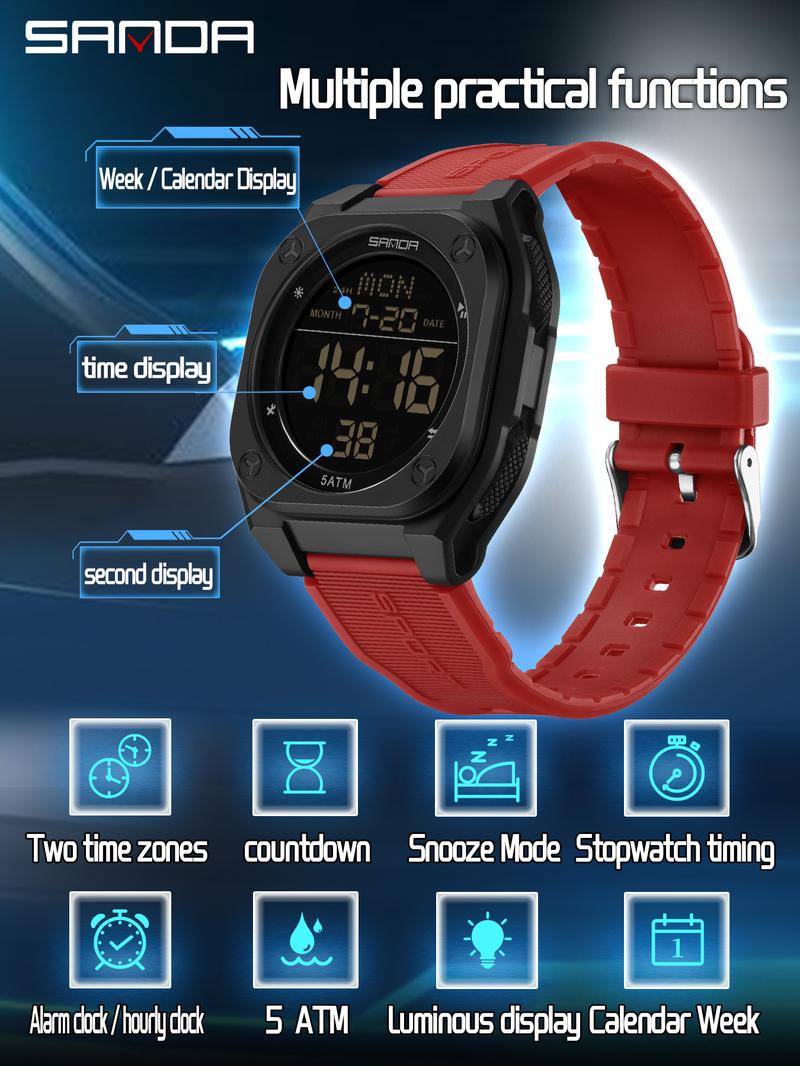 SANDA Men's Sports Watch Fashion and Leisure Men's LED Single Display Night Light Waterproof Multi functional Timing Electronic Watch Best Gift+BOX Waterproof Multifunctional Watch