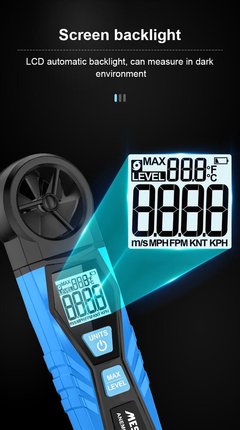 Mestek AM10 Digital Anemometer Wind Speed Gauge Meter Five Modes Rotate Wind Speed temperature measure 5 Unit m/s MPH FPM KNT KPH Wind Speed Meter