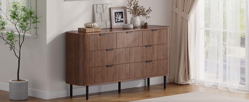 【Valentine's Day Gift】ONBRILL Fluted Dresser for Bedroom with 7 Drawers, 60 inch Chest of Drawers, Mid Century Modern Long Dressers with Curved Profile Design for Closet, Wood TV Stand for Living Room, Hallway