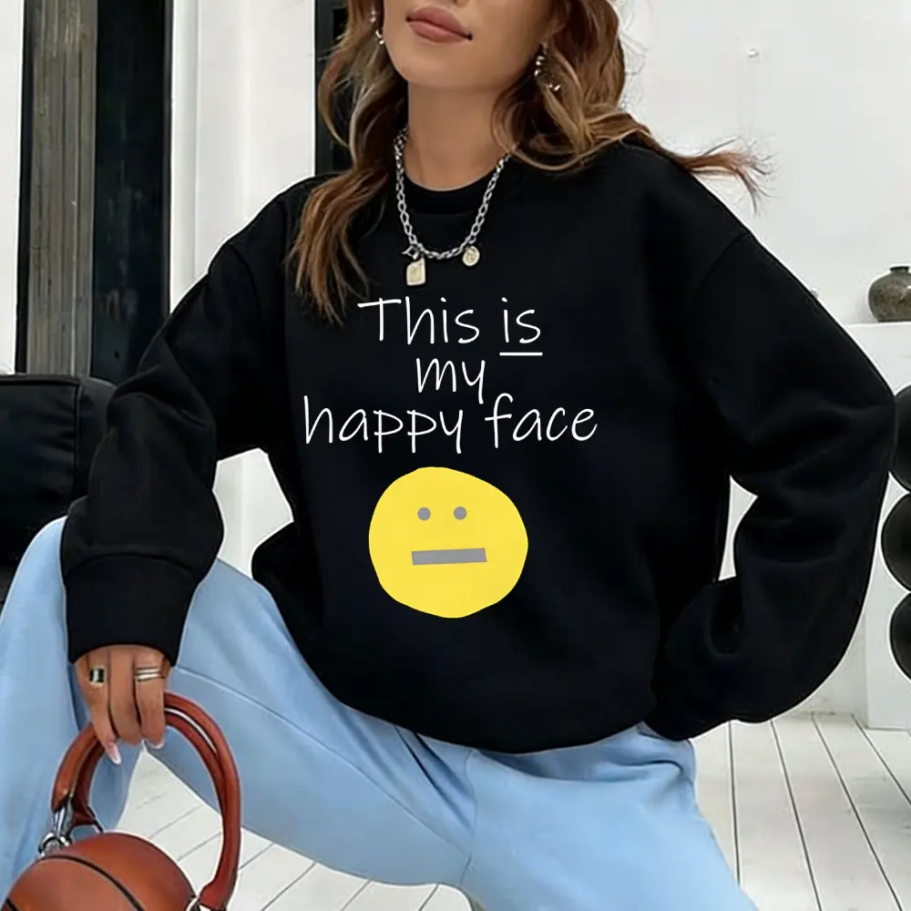 “This Is My Happy Face” Graphic Crewneck Sweatshirt Streetwear Pullover Long Sleeve Crewneck Sweatshirt Men Women Pullover Casual Top Unisex Casual Everyday Top