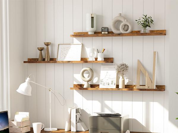 HOOBRO 35.4 Inches Hanging Shelf with Raised Edge and Invisible Brackets,  Floating Shelves, Wall Shelf Set of 3,  for Bathroom, Bedroom, Kitchen, Office, Living Room Decor, Rustic Brown