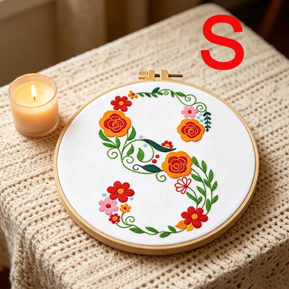 Creative Floral Letter Embroidery Kit, Beginner-Friendly Sewing Art Set, Includes Embroidery Cloth, Threads, Tools(random color), Instructions, Unique Home Decor, Gift, Souvenir