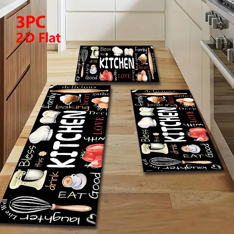 2/3 Piece Flannel Kitchen Mat Set, Decorative Rug, Kitchen Rugs Sets, Fun Kitchen Baking Tools & Food Patchwork Design, Unique Pattern, Anti-Slip, Absorbent, Home Decor
