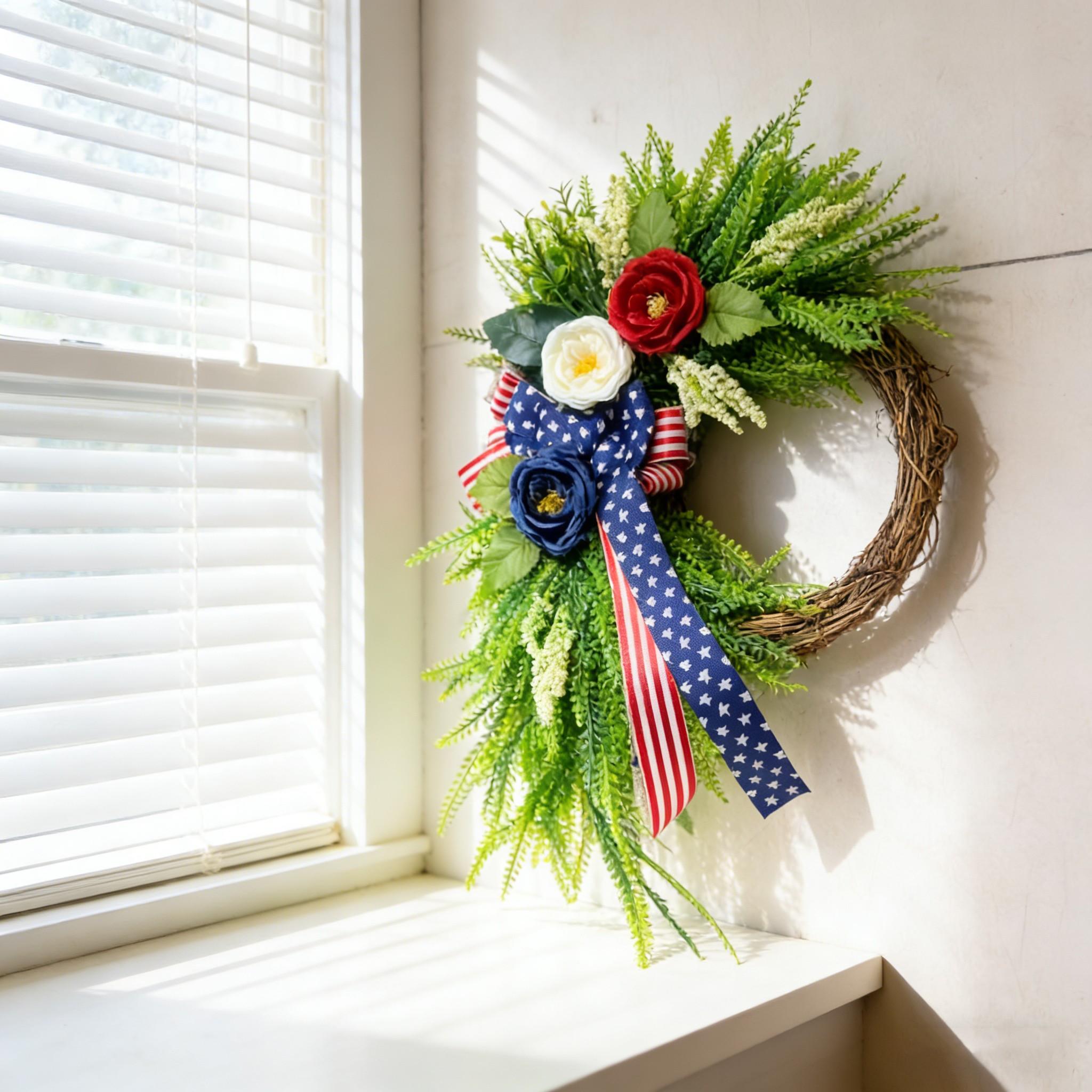 Elegant Patriotic Wreath Decor, Blue Floral Design with American Flag Bow, Memorial Day and Veterans Day Porch Decoration