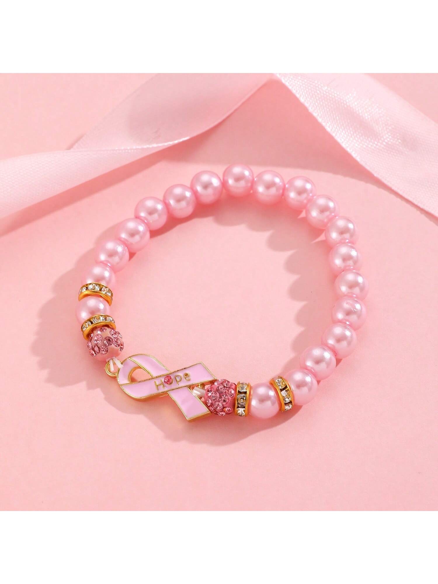 Ribbon Breast Cancer Awareness Faux Pearl & Rhinestone Beaded Bracelet, Ideal for Everyday Use or Special Occasions
