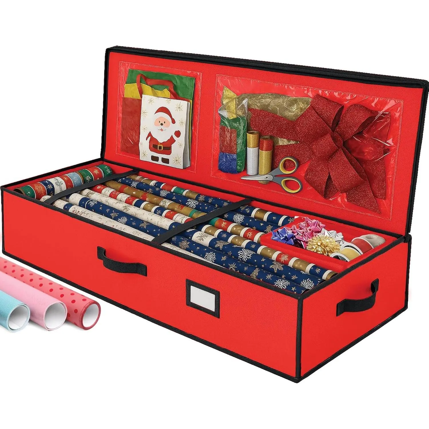 Christmas Wrapping Paper Organizer Storage Box, with Straps and Pockets, 40" Heavy-Duty Gift Wrap Storage Holder for Bags, Bows, Tags, Ribbons, Fits Up to 24 Rolls Underbed Container for Holiday Decorations, Red