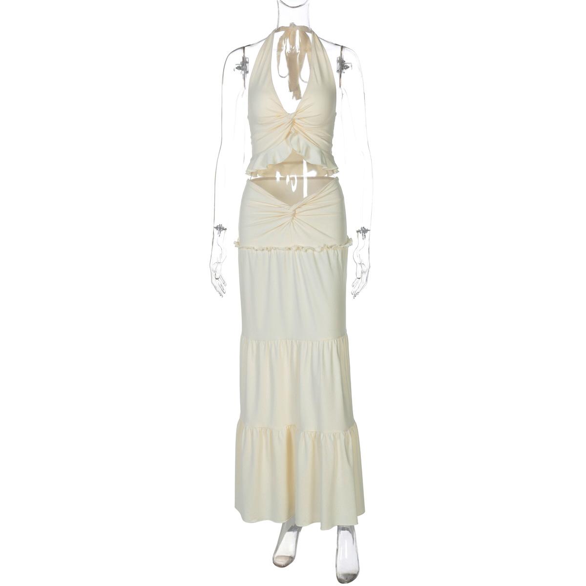 Solid Color Backless Crop Top & Ruched Skirt Two Pieces Set Women's Sleeveless Halter Neck Top & Skirt Ladies Summer Fall Clothes for Party Holiday Vacation Beach Boho Valentine's DayGift Outfit SpringStatements