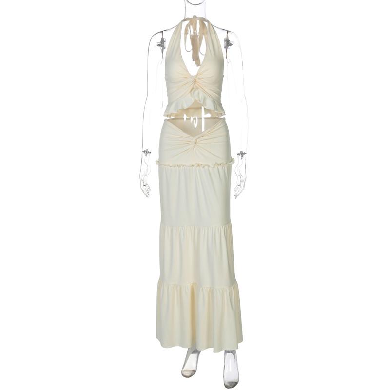 Solid Color Backless Crop Top & Ruched Skirt Two Pieces Set Women's Sleeveless Halter Neck Top & Skirt Ladies Summer Fall Clothes for Party Holiday Vacation Beach Boho Valentine's DayGift Outfit