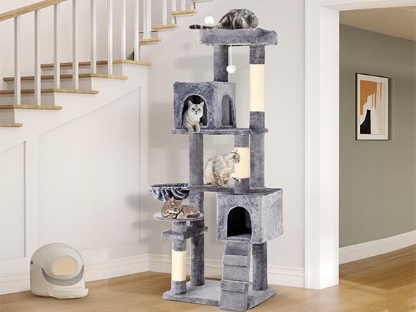 DWVO 70.8in Cat Tree Tower for Indoor Cats, Multi-Level Cat Furniture with Scratching Posts, Cat Window Padded Plush Perch, Cozy Basket, Ladder and Funny Toys for Kittens Pet Play House