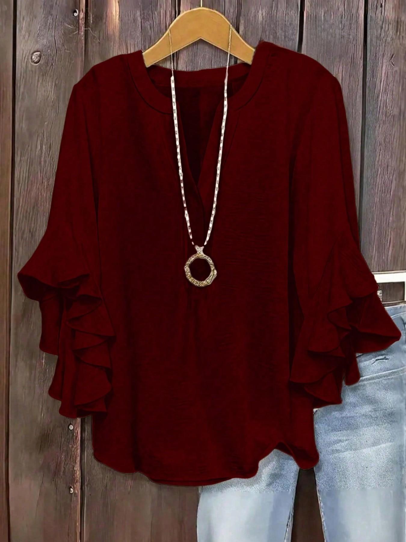 Plus Size Women's Ruffled Sleeve V-Neck Shirt Blouse, Elegant Floral Design, Comfortable and Stylish, Perfect for Casual Wear