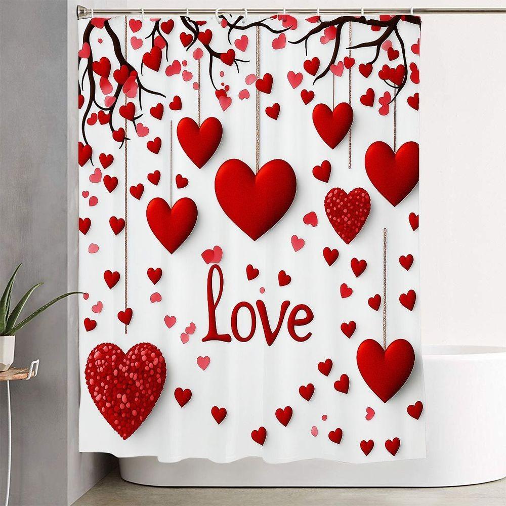 4pcs Romantic Valentine's Day Bathroom Decor Set - Elegant White Shower Curtain with Red and Pink Heart Motif, Adorable Matching Bathroom Mat, Toilet Base Rug, and Lid Cover, Perfect for Creating a Love-Inspired Oasis in Your Home Shower Curtain Sets