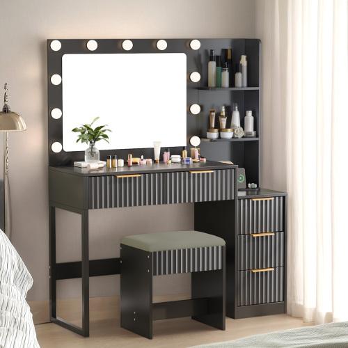 Ktaxon Pink Modern Fluted Makeup Vanity Desk with Mirror Lights Power Outlet 7 Drawers 4 Shelves Charging Station for Bedroom