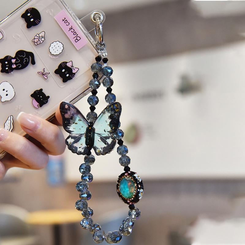 Butterfly Design Beaded Phone Chain, DIY Premium Smudge Bow Beaded Crystal Lanyard, Phone Wrist Lanyard, Earphone Case Key Camera Ornament, Charms