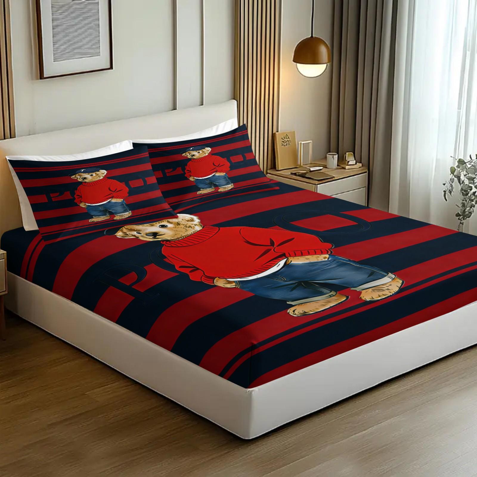 Teddy Bear Pattern Bed Sheet, Comfortable Printed Pattern, Includes 1 Bed Sheet and 2 Pillowcases, Comfortable Bedding, Non slip Dust Cover Suitable for Bedroom and Guest Room, Suitable as a Gift for Children or Adults