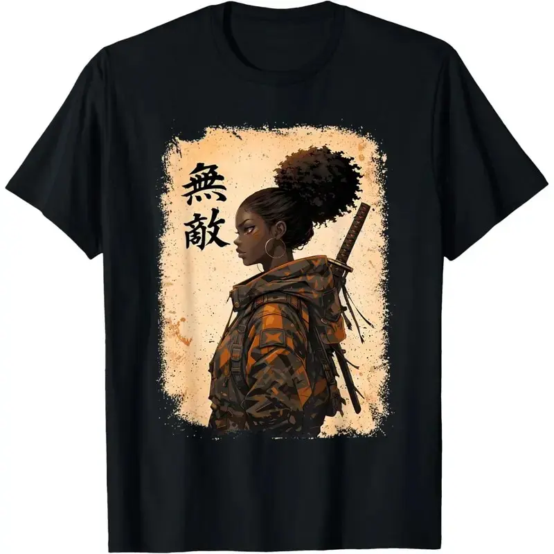 Black Samurai Girl Anime Warrior Afro African Pride T-Shirt Streetwear Graphic, streetwear, tiktok shop deals, summer outfits, guys gifts, summer clothes, gifts for him, graphic tee, men's shirts, t shirt, clothes for men, black casual Tshirt, Menswear
