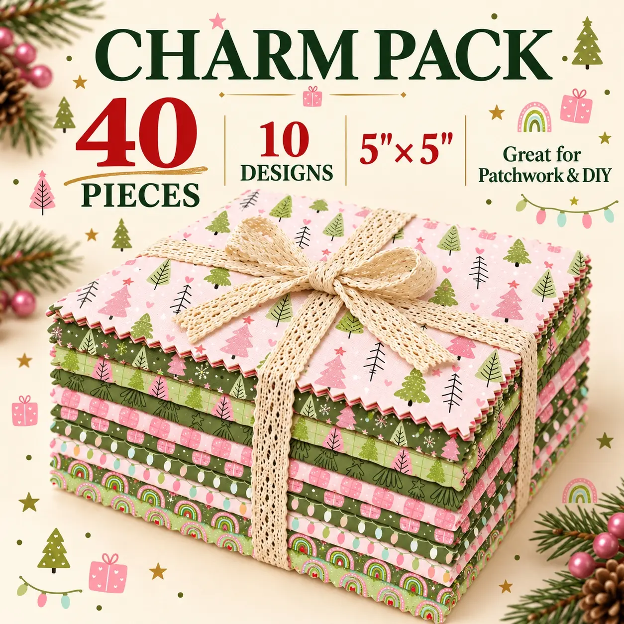40-Piece Charm Pack Assortment, Cute Pink Christmas Printed Patterns, Handmade Rich Color Texture Style Elements, 120G Polyester Quilting with 10 Designs, Suitable for Quilting, Craft Projects, Wallet Making, Gifting, Bag Making