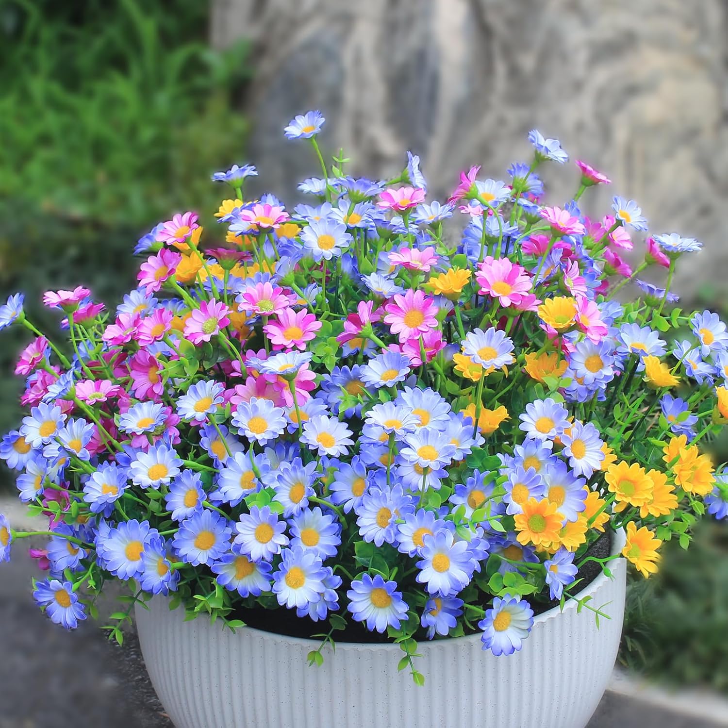 12 Bouquets Artificial Daisies Plastic Faux Flowers Outdoor UV Resistant Fake Daisy Home Decor Window Box Garden Pots Indoor Outdoor Decoration #GLOBAL PICKS