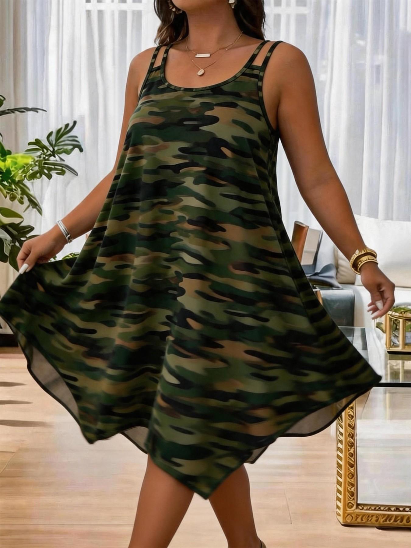 New Arrival Women's Summer Fashion Camouflage Print Dress, Asymmetrical Hem Casual Elegant Daily Wear, Plus Size Comfortable Style