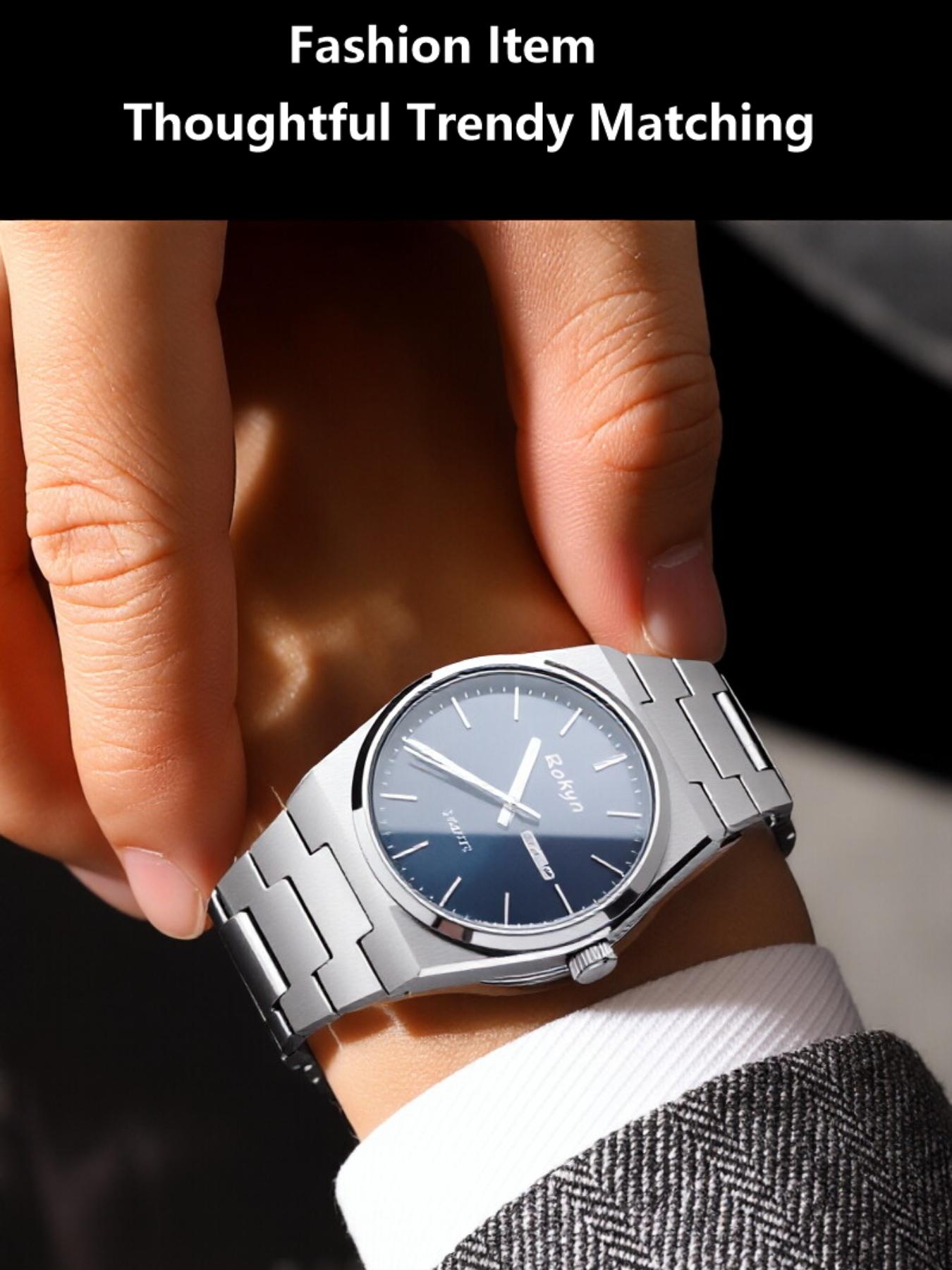 ROKYN Ultra-Thin Luxury Men's Watch, Elegant Fashion Waterproof Dual Calendar Night Glow Quartz Watch, Business Casual Analog Round Face