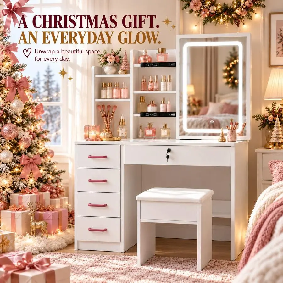 White Makeup Vanity Desk With LED Mirror,-Dimmable Lighting, Hidden Storage, 5 Drawers Including 1 Lockable Drawer & Open Shelves, 35.4"W X 15.7"D X 53.1", Space-Saving Vanity Table Bedroom, Dorm & Small Spaces,corner,,withdrawers,luxury,lighted