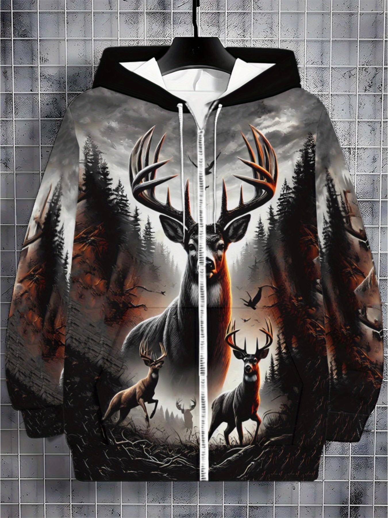 Vintage Wild Forest Reindeer Print Sweatshirt, Drawstring Zipper Hoodie, American Motorcycle Street Style, Loose Fit Long Sleeve Top