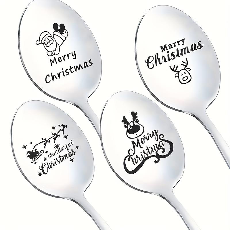 4pcs Stainless Steel Long Handle Spoons with Christmas Tree & Reindeer Carving, Perfect for Coffee Ice Cream Kitchen Use, Ideal Gift Set