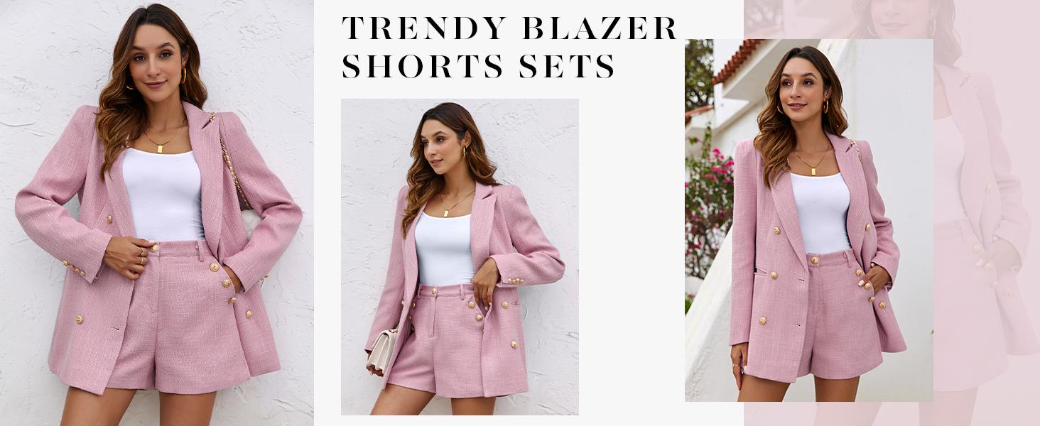 FMEYOA Womens 2 Piece Tweed Blazer Shorts Sets Long Sleeve Double Breasted Suit Jackets Business Outfit Fabric Formal M1H684