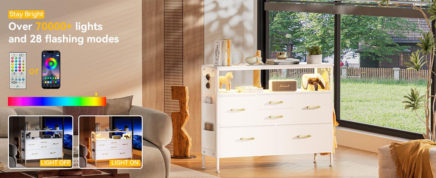 Bedroom Dresser TV Stand with LED Lights & Charging Station, 6 Fabric Drawers with Side Pockets, Wide Storage Dresser for Bedroom, Living Room, or Closet, Modern Media Console for TVs up to 43" Cupboard Furniture