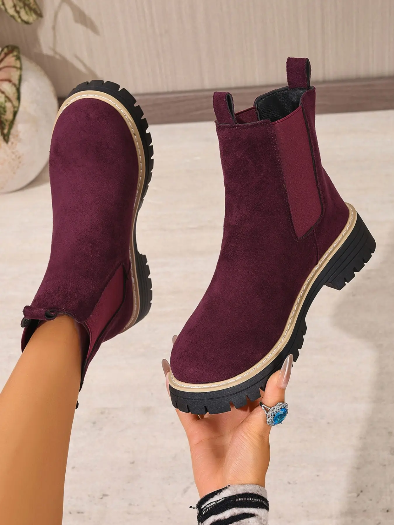 American Vintage Faux Fur Chelsea Boots, Multi-Color Large Size, Thick Sole Anti-Slip, Elastic Waist, Casual Workwear Style, All Seasons