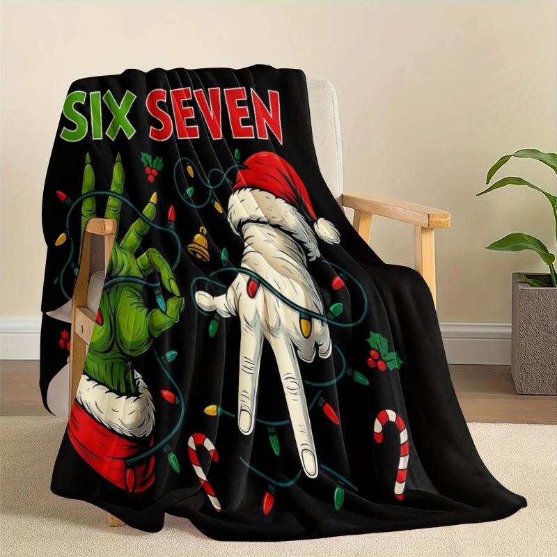 Personalized Christmas Number 67 Flannel Blanket, Grinch Gesture Decorative Warm Home Blanket, Ideal for Home Office Travel Camping
